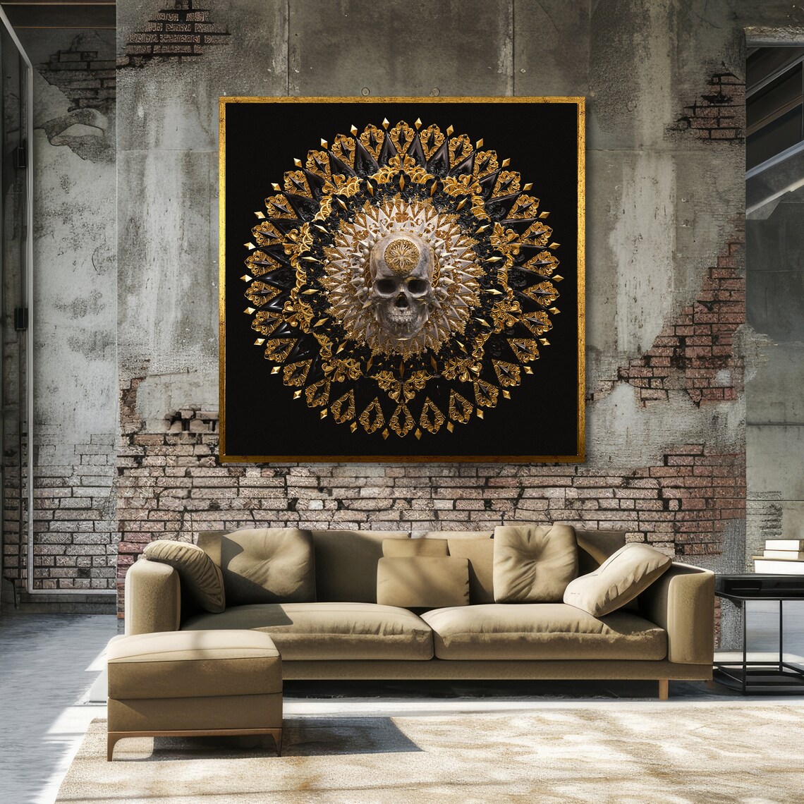 Golden Ornate Mandala Centered on a Skull Gothic Luxury Black Art Poster - Image 3