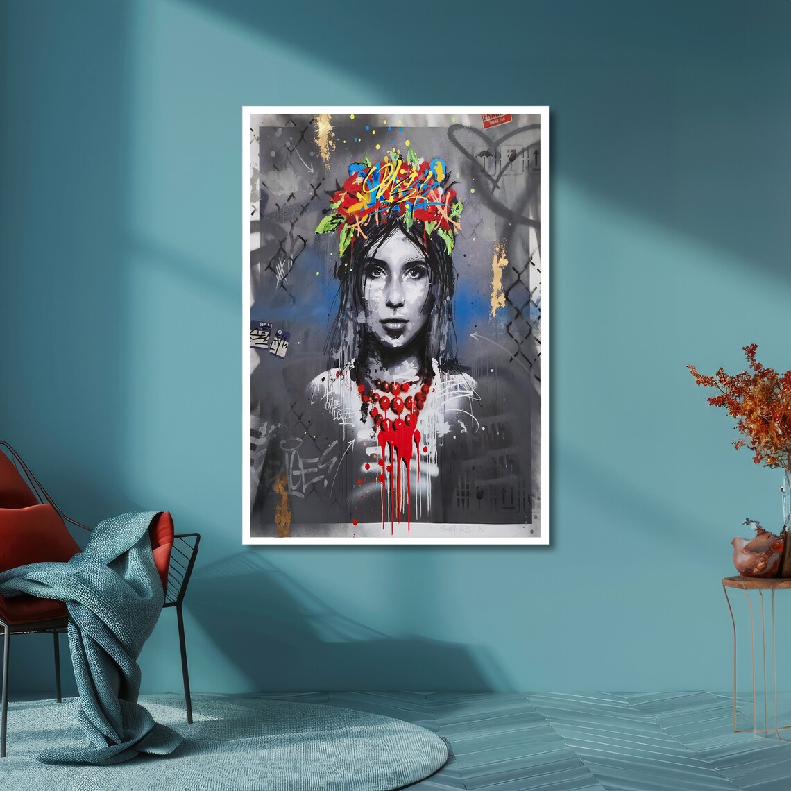 Graffiti Girl With Flower Crown Urban Street Art Portrait Poster - Image 6