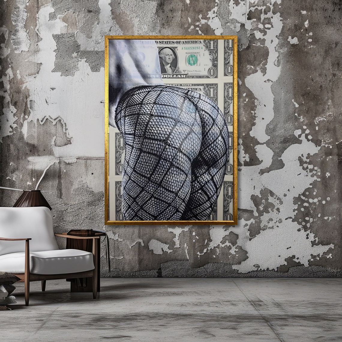 Fishnet Stockings Figure Posed over Dollar Bills Bold Pop Art Poster - Image 3