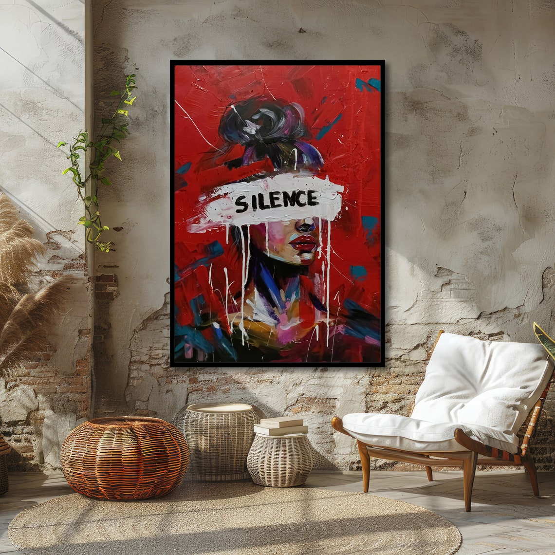Silence Abstract Portrait Bold Red Modern Wall Art Powerful Expression Ready To Hang - Image 4