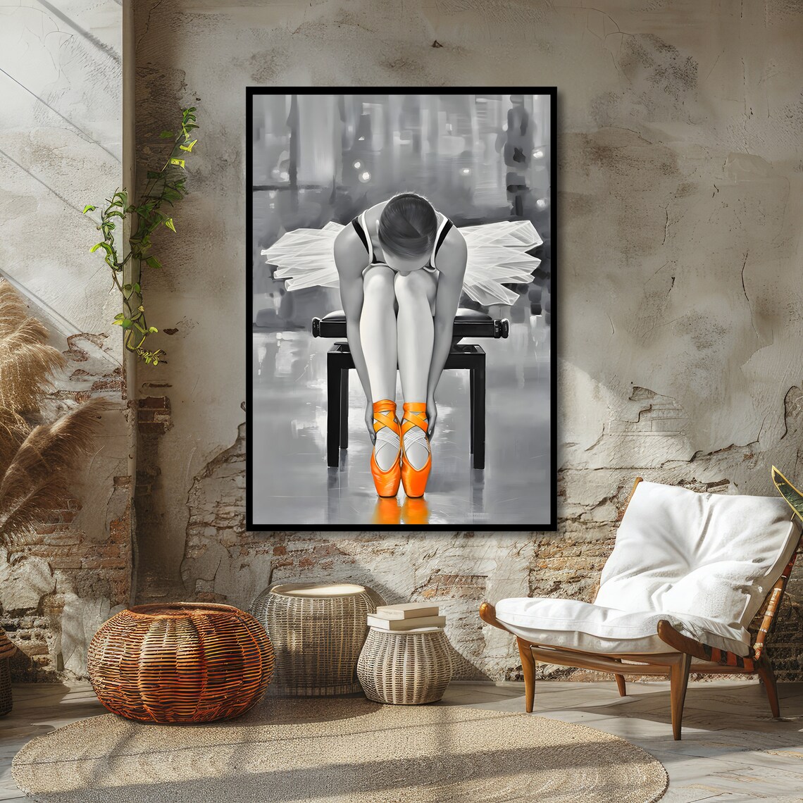 Ballerina Tying Orange Pointe Shoes Black and White Ballet Poster - Image 4