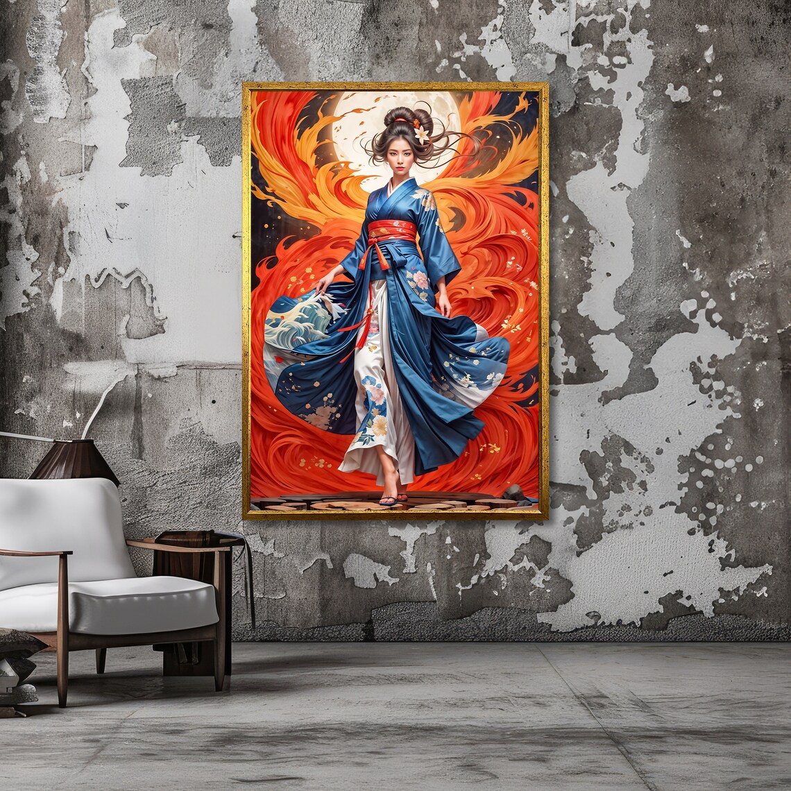 Japanese Woman in Blue Kimono Fire and Moon Japanese Art Poster - Image 3