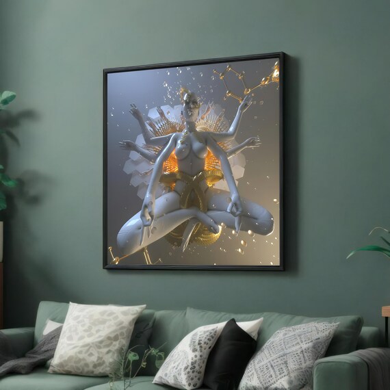 White and Gold Multi-Armed Meditation Goddess Spiritual Poster