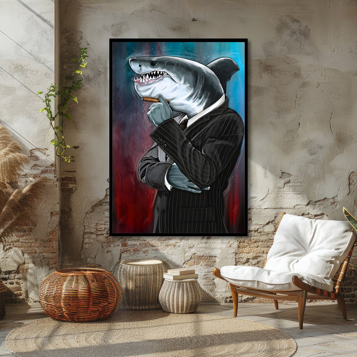 Business Shark in Pinstripe Suit Smoking a Cigar Funny Office Poster - Image 4