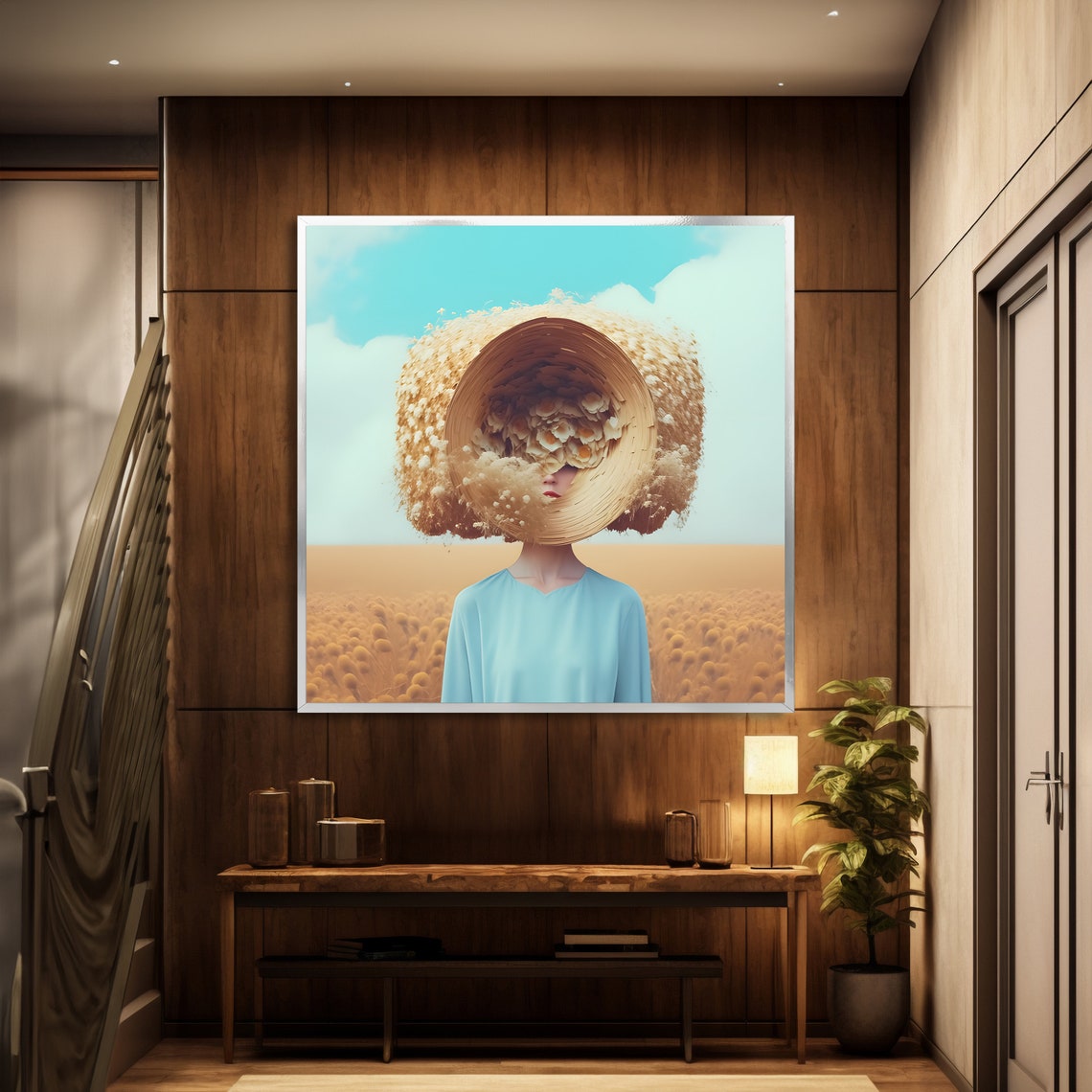 Straw Flower Hat Woman Wheat Field Surreal Portrait Art Poster - Image 2