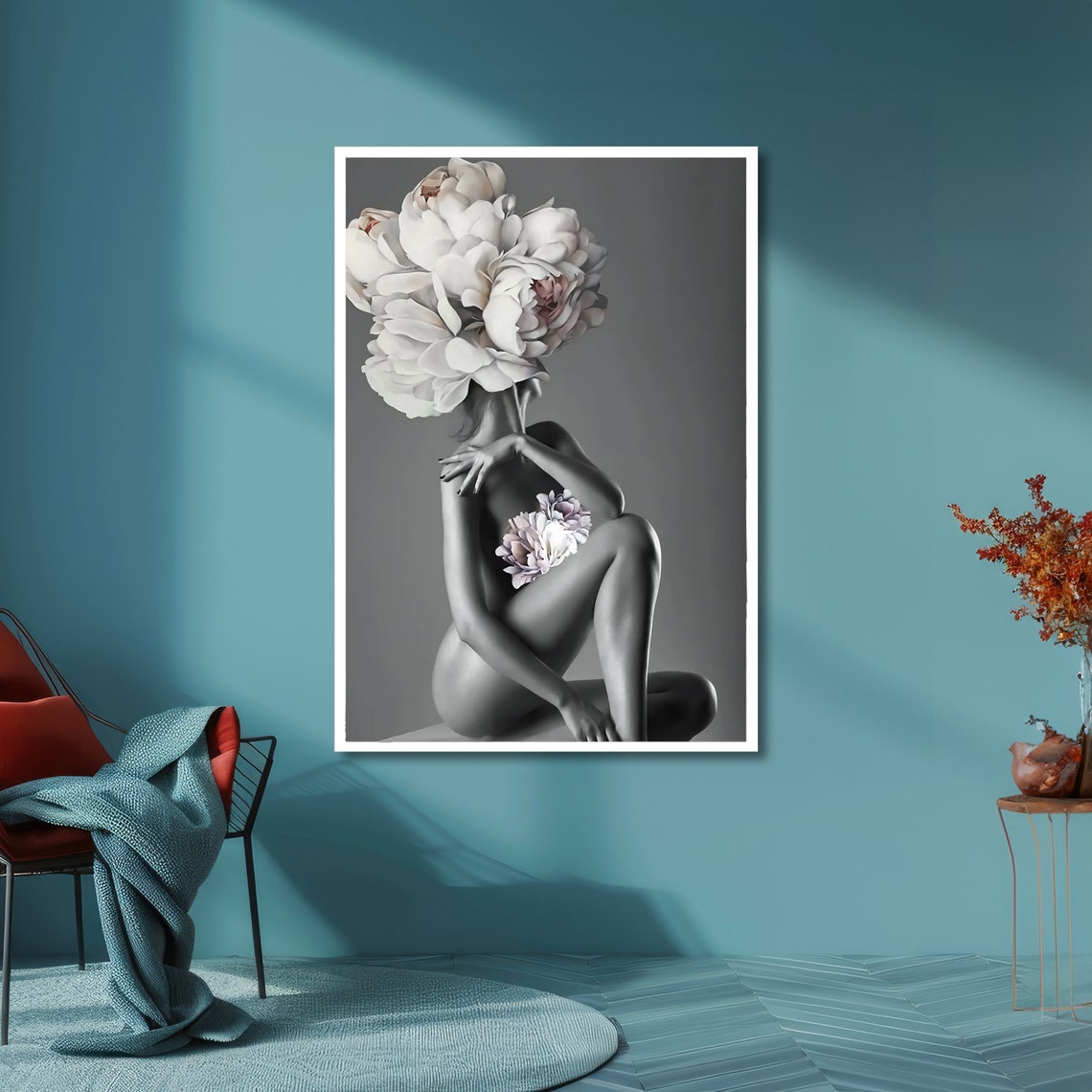 Seated Nude Woman With a Peony Bloom Head Surreal Fine Art Poster - Image 4