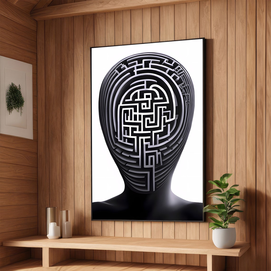 Black Human Head With Maze Labyrinth Face Surreal Optical Art Poster