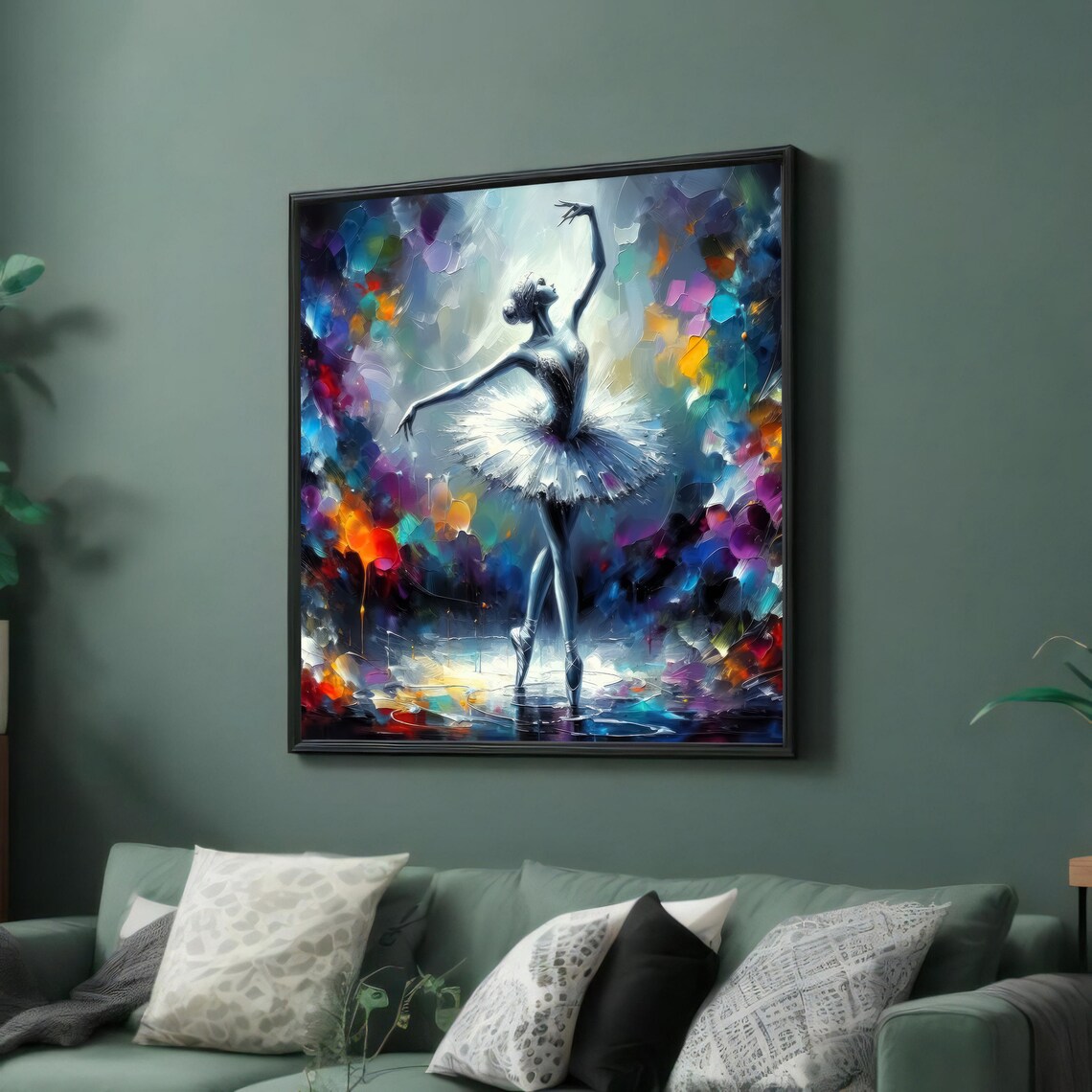 Graceful Ballerina in White Tutu on Vibrant Abstract Stage Art Poster