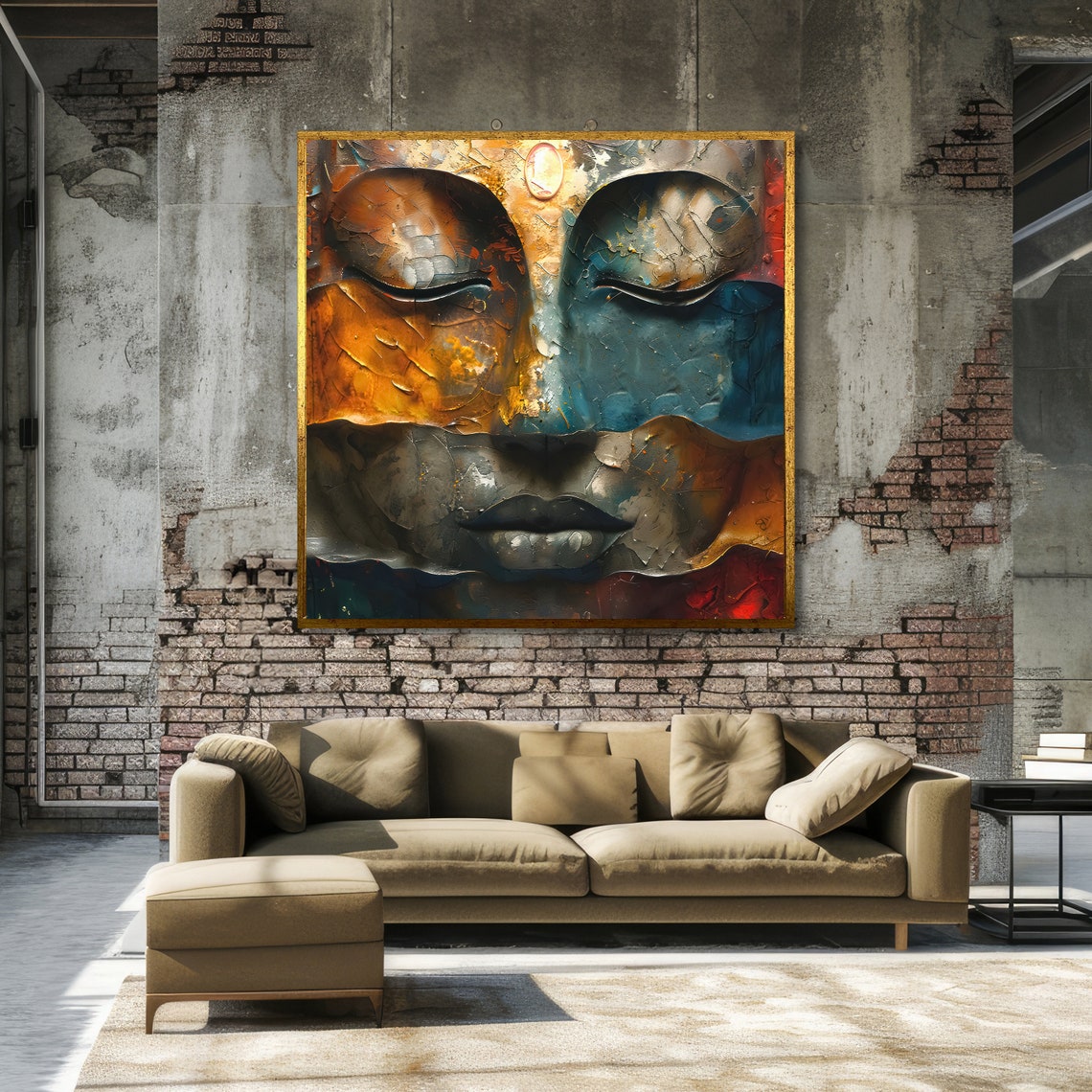 Tranquil Buddha Face in Gold and Teal Textured Zen Meditation Poster - Image 3