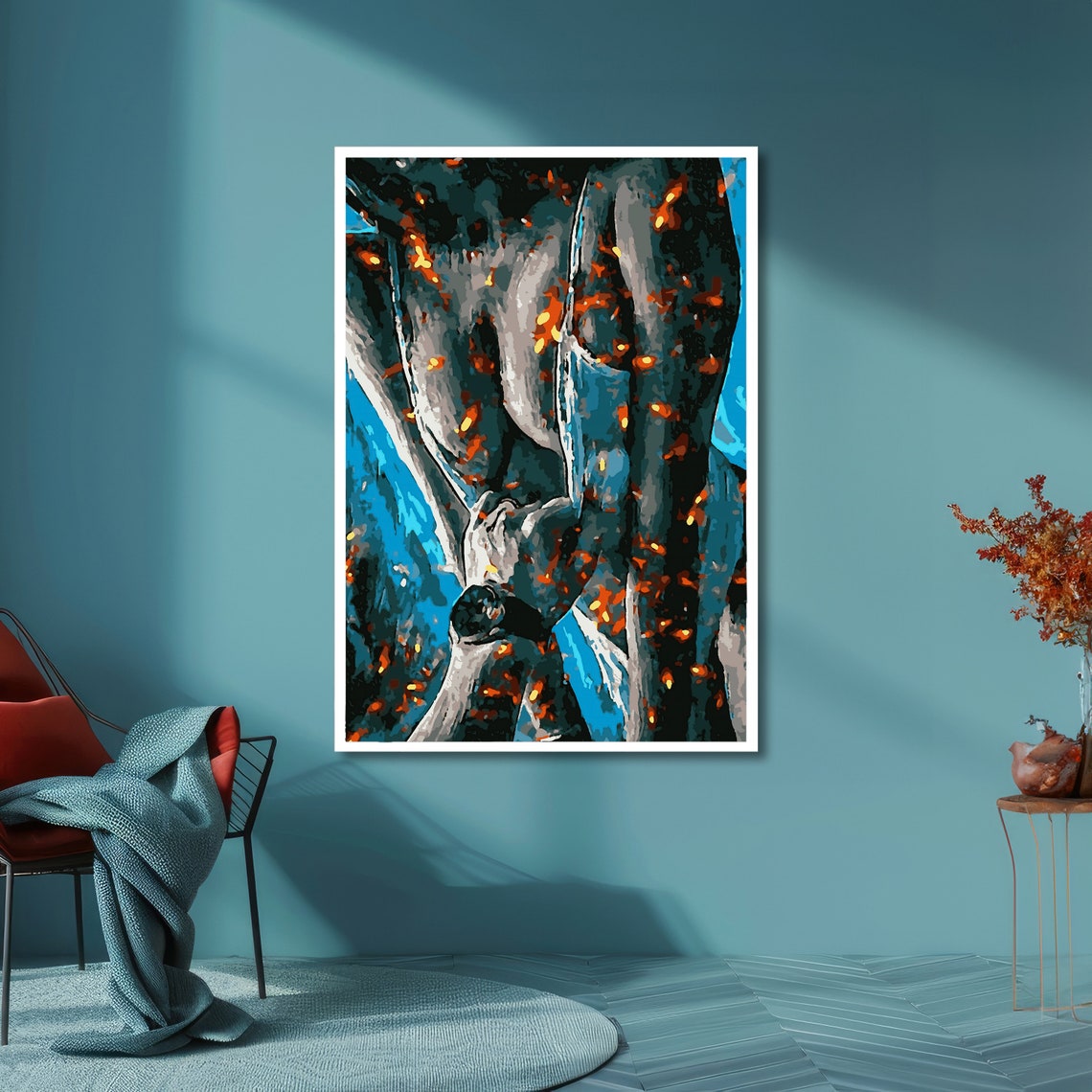 Erotic Embrace Abstract Lovers Entwined in Blue and Orange Art Poster - Image 6