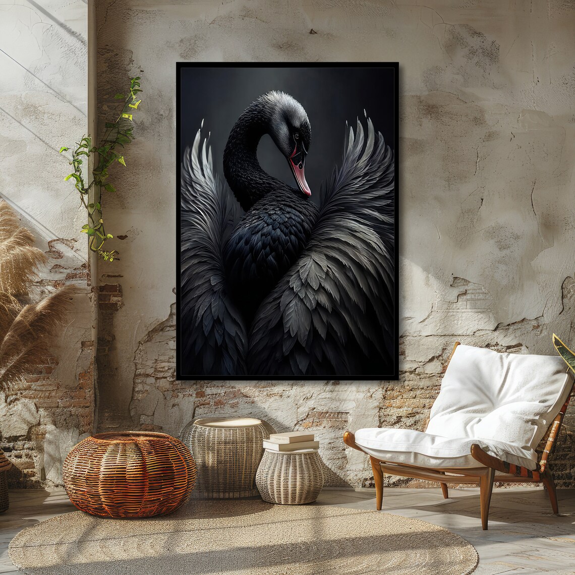 Elegant Black Swan Spreading Wings Dark Moody Bird Portrait Poster - Image 2