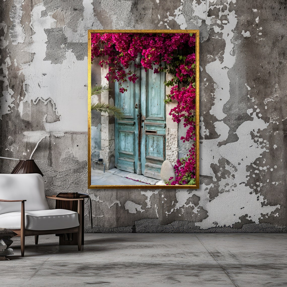 Rustic Blue Door With Pink Bougainvillea Mediterranean Poster - Image 3