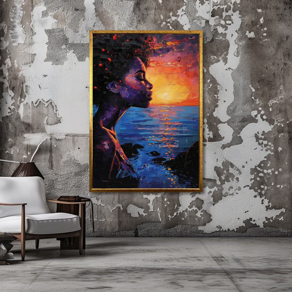 Woman Silhouette in Ocean Sunset Impasto Portrait Art Poster - Image 5