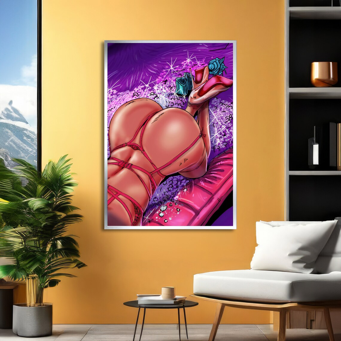 Pin-Up Woman Back View in Purple and Pink Cartoon Art Poster - Image 2