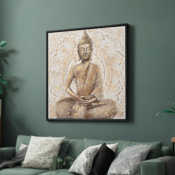 Golden Buddha Meditating Before Ornate White and Gold Mandala Art Poster