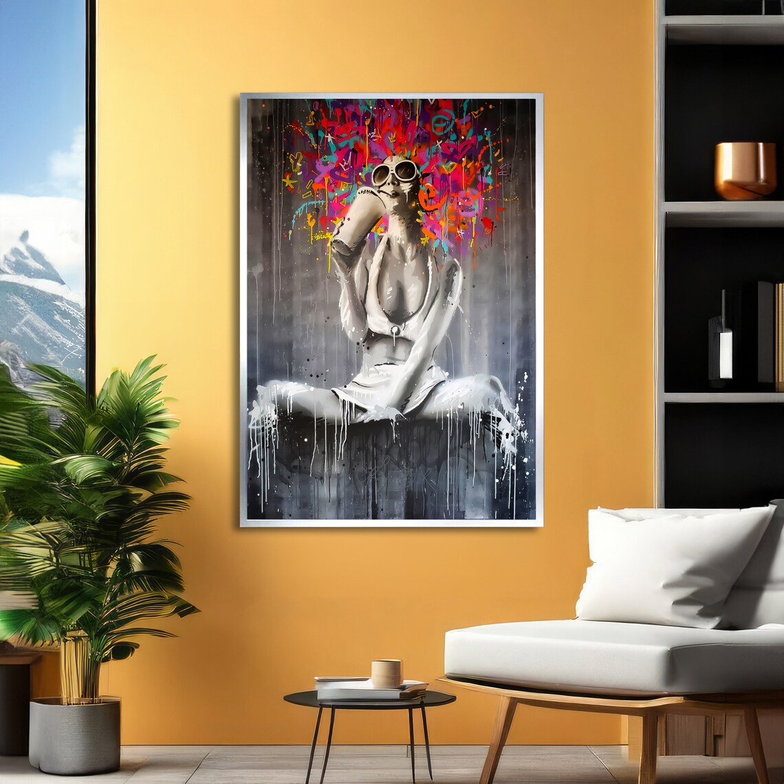 Vibrant Graffiti Woman Holding Spray Can with Colorful Halo Art Poster - Image 2