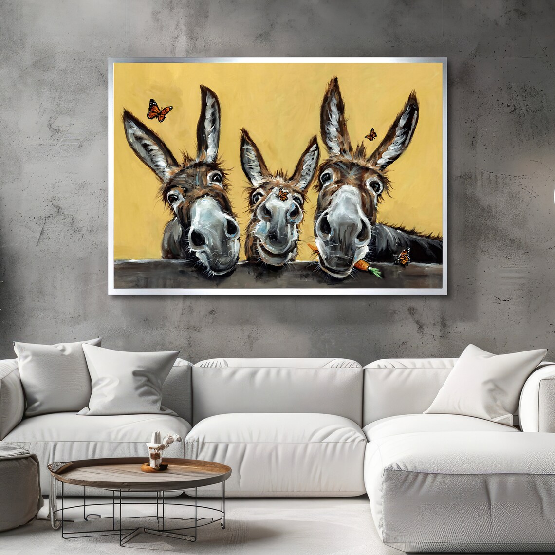 Cheerful Donkey Trio Butterflies Farmhouse Animal Art Poster - Image 2