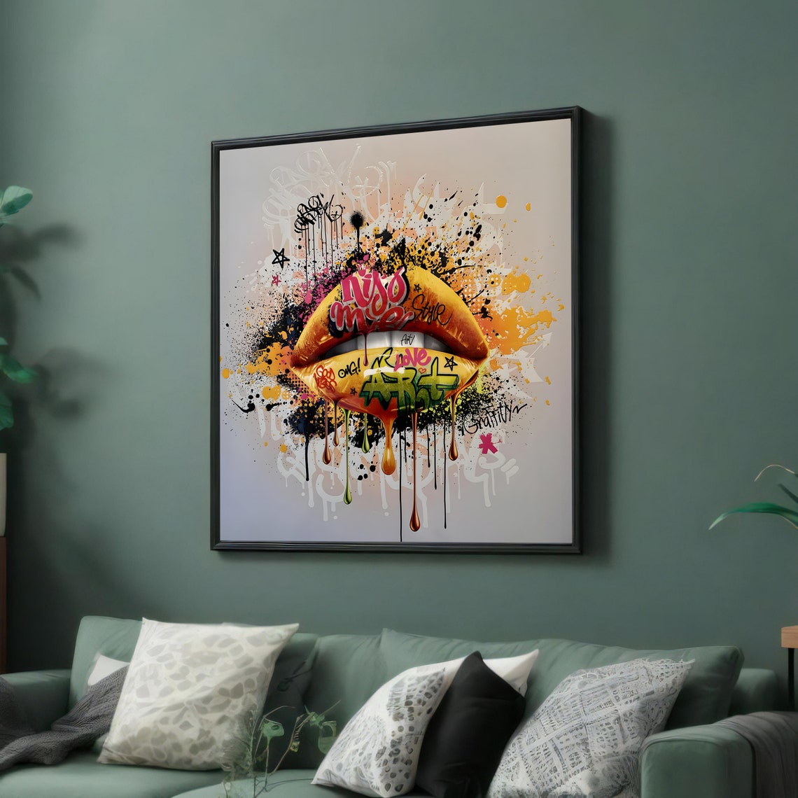 Golden Graffiti Lips With KISS ME Script and Dripping Paint Art Poster