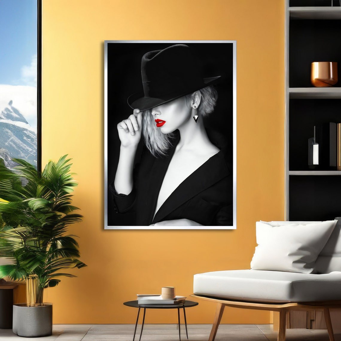 Striking Mysterious Woman In Black Hat Red Lips Noir Elegance Poster - Image 2