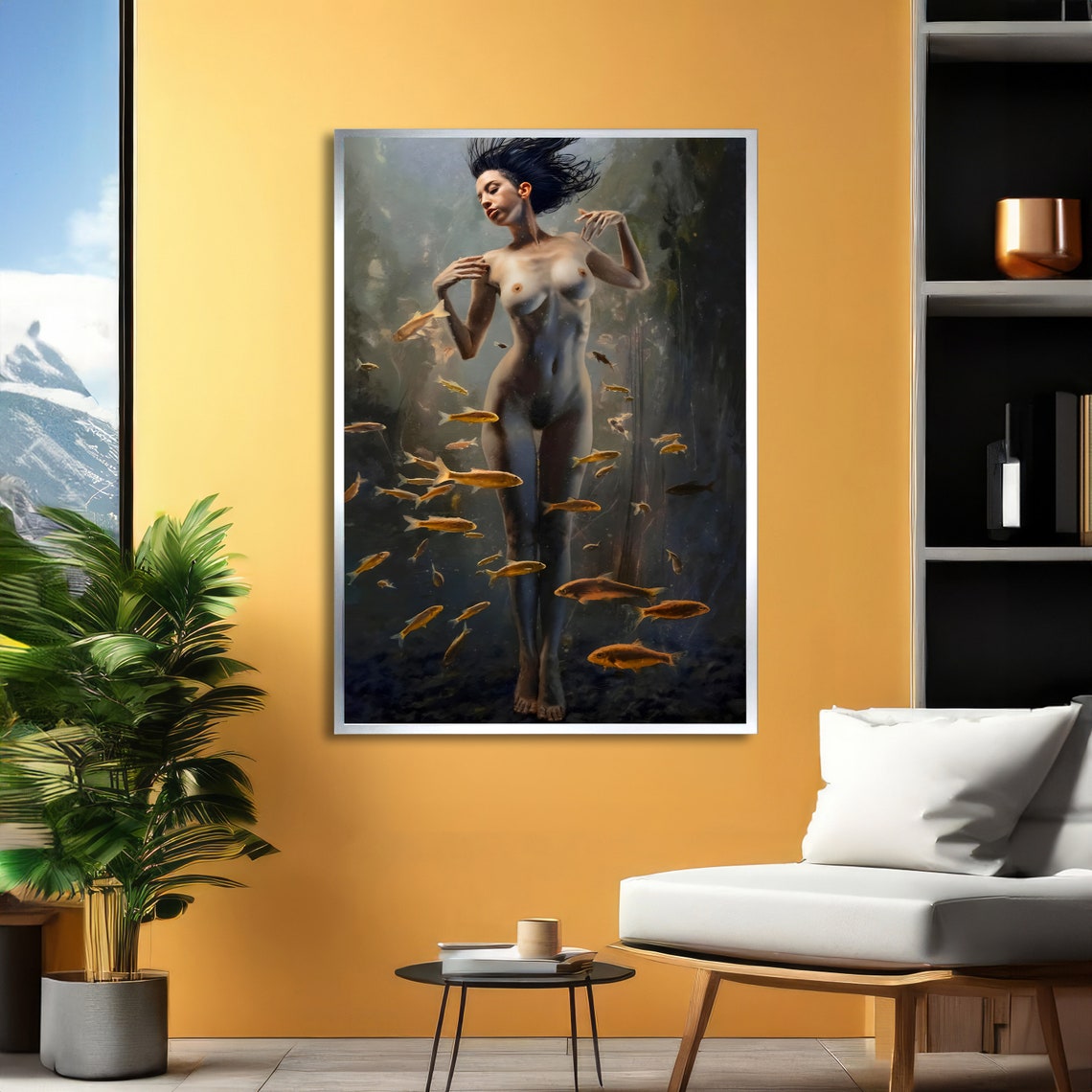 Underwater Nymph Surreal Nude Art Ethereal Female With Fish Wall Art Ready To Hang - Image 2