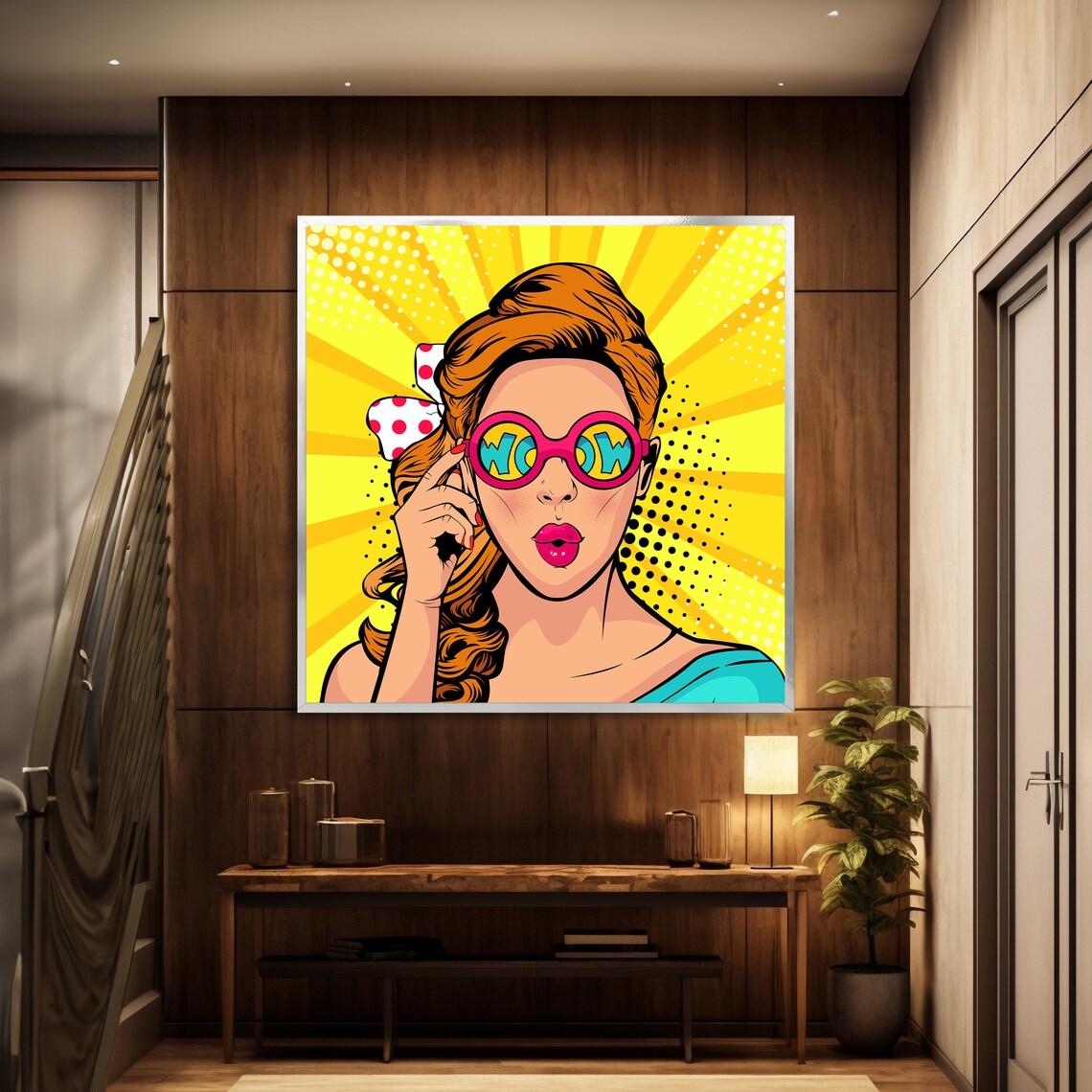 Retro Pop Art WOW Girl Pink Glasses Yellow Rays Surprise Poster - Image 2