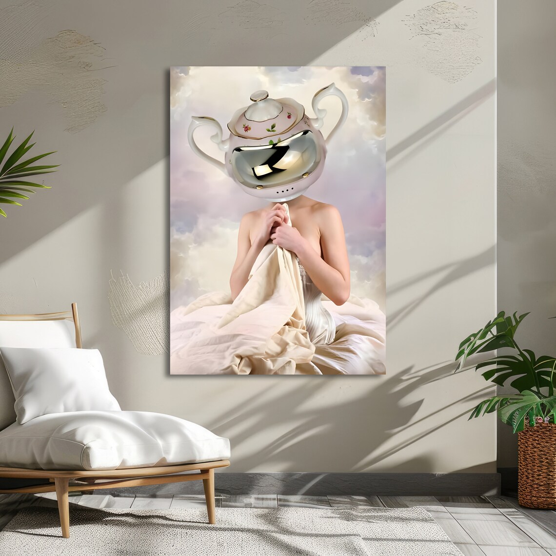 Vintage Lady With Teapot Helmet Surreal Wall Art Whimsical Art Print Ready To Hang Decor - Image 5