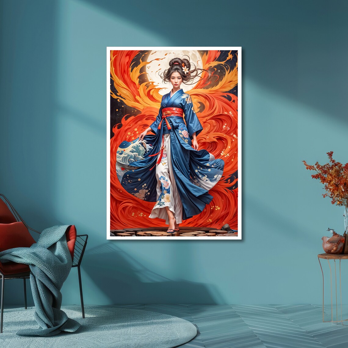 Japanese Woman in Blue Kimono Fire and Moon Japanese Art Poster - Image 6