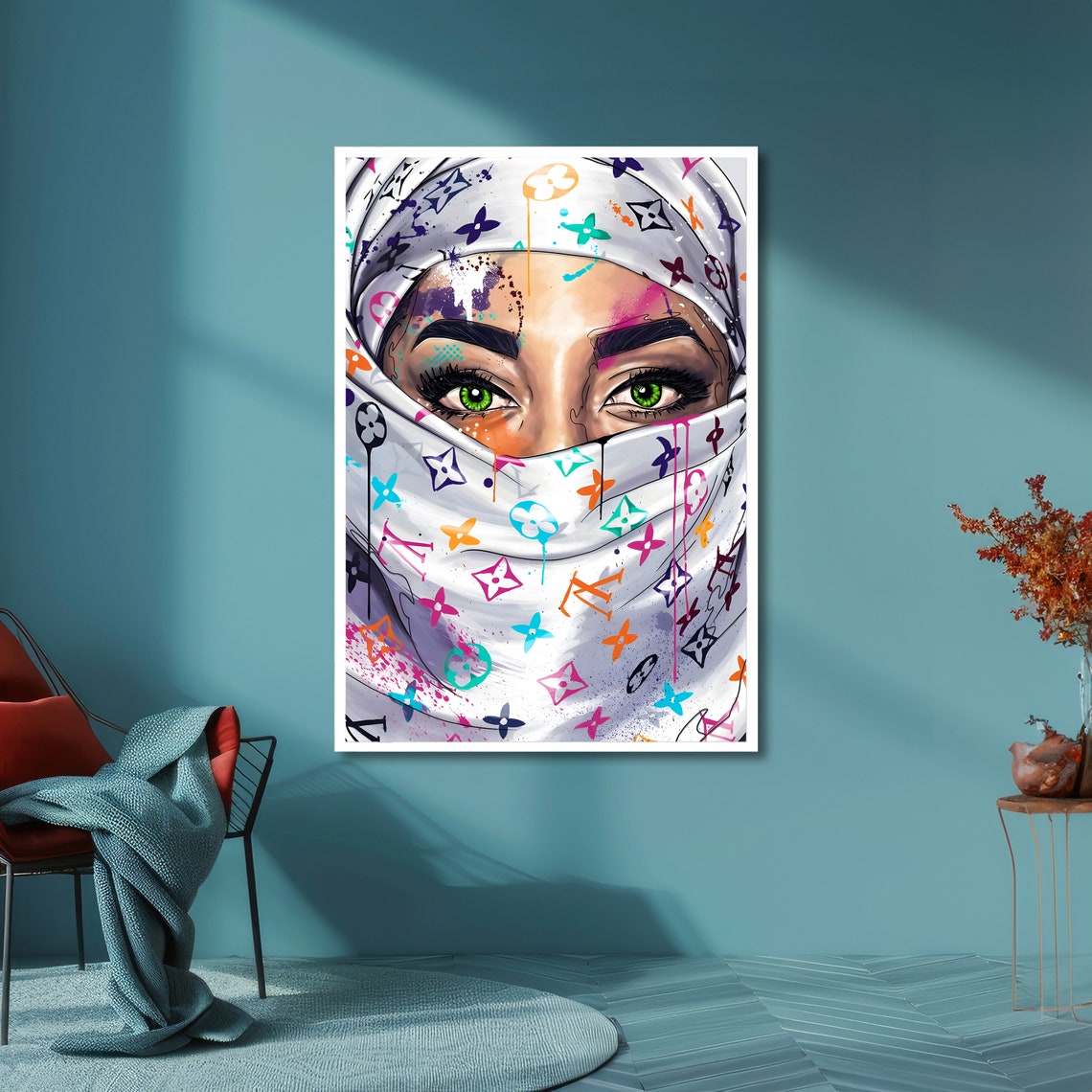 Woman in Colorful Patterned Hijab Vibrant Portrait Art Poster - Image 6
