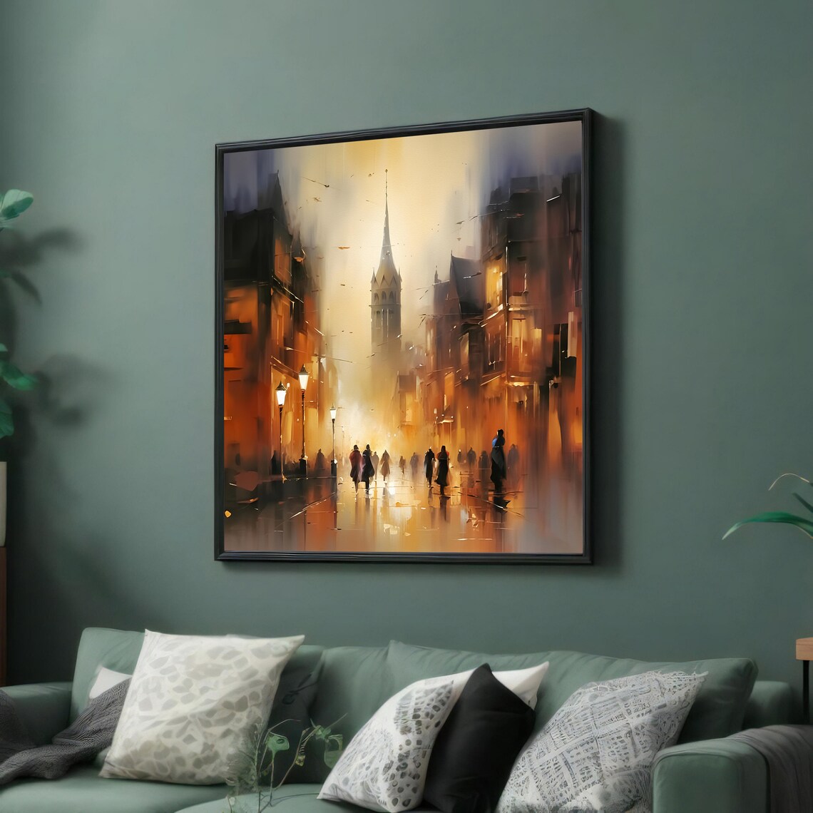 Golden City Street At Dusk Glowing Lamplights Impressionist Poster