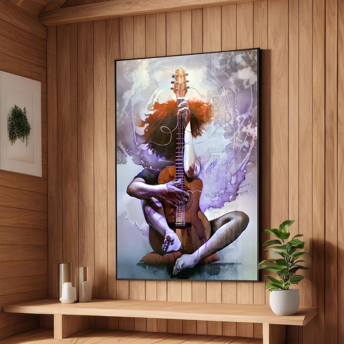 Watercolor Woman with Guitar Purple Dream Musician Art Poster