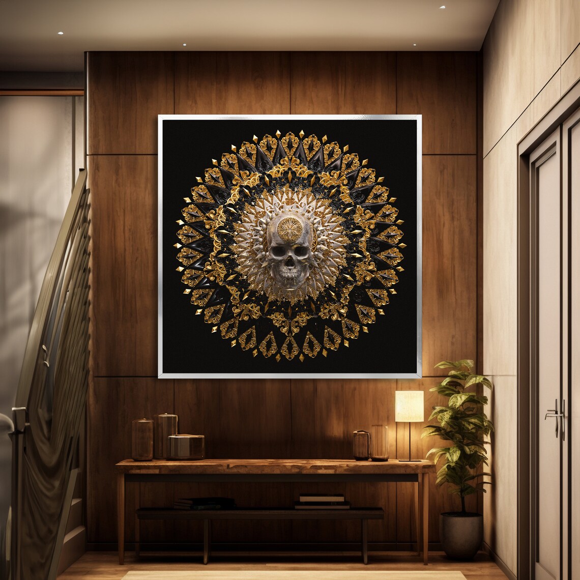 Golden Ornate Mandala Centered on a Skull Gothic Luxury Black Art Poster - Image 2