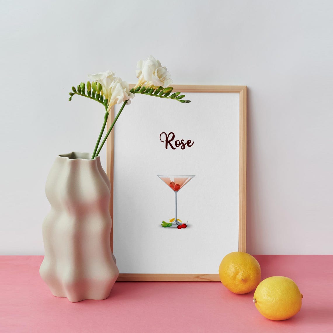 Rose Pink Martini Cherry Cocktail Watercolor Illustration Decor Poster - Image 3