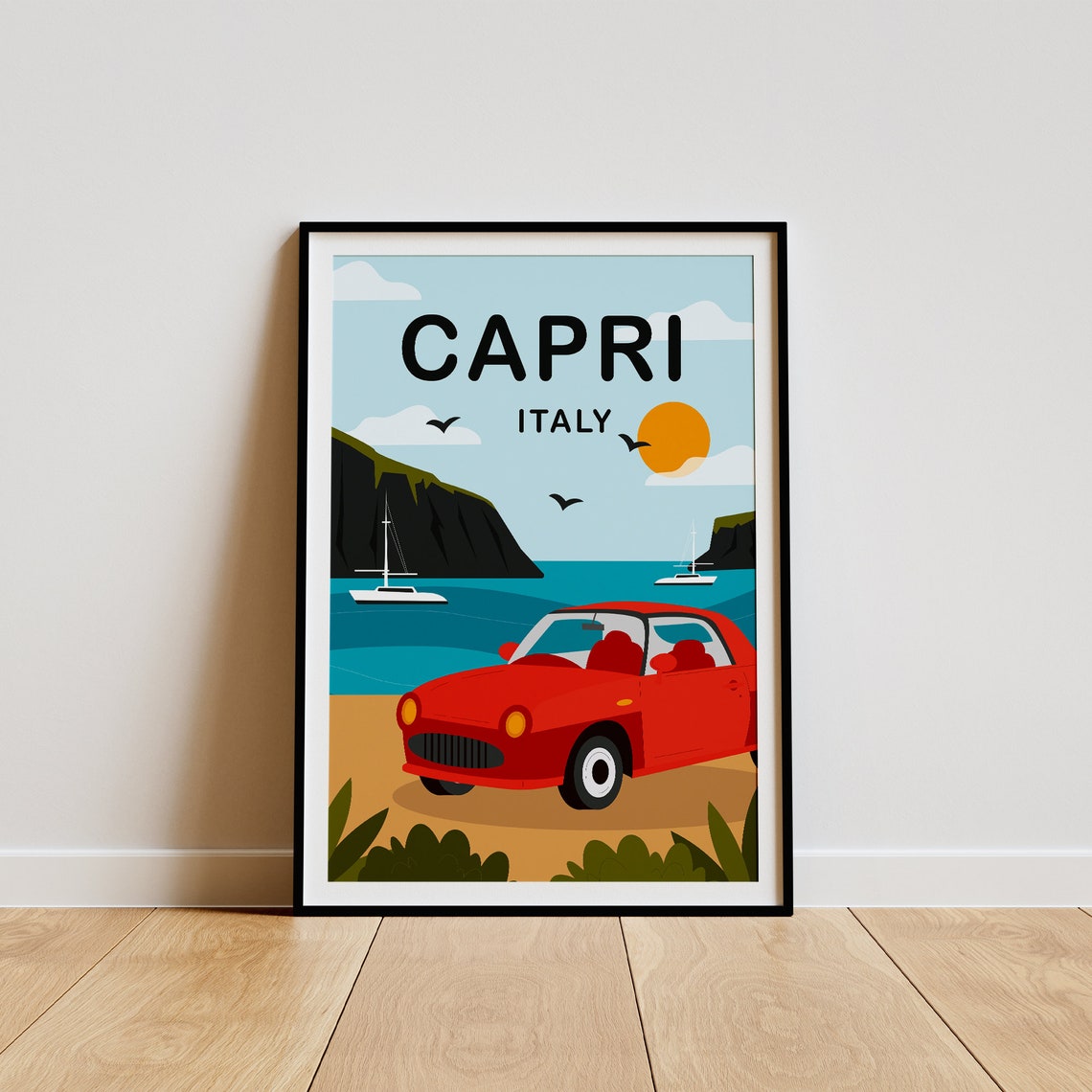 Capri Italy Red Convertible Beach Cliffs Retro Travel Poster