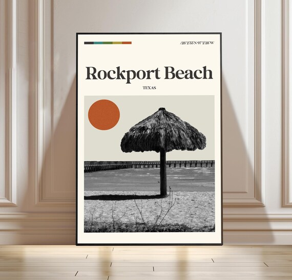 Retro Rockport Beach Texas Palapa Umbrella Sunset Travel Poster