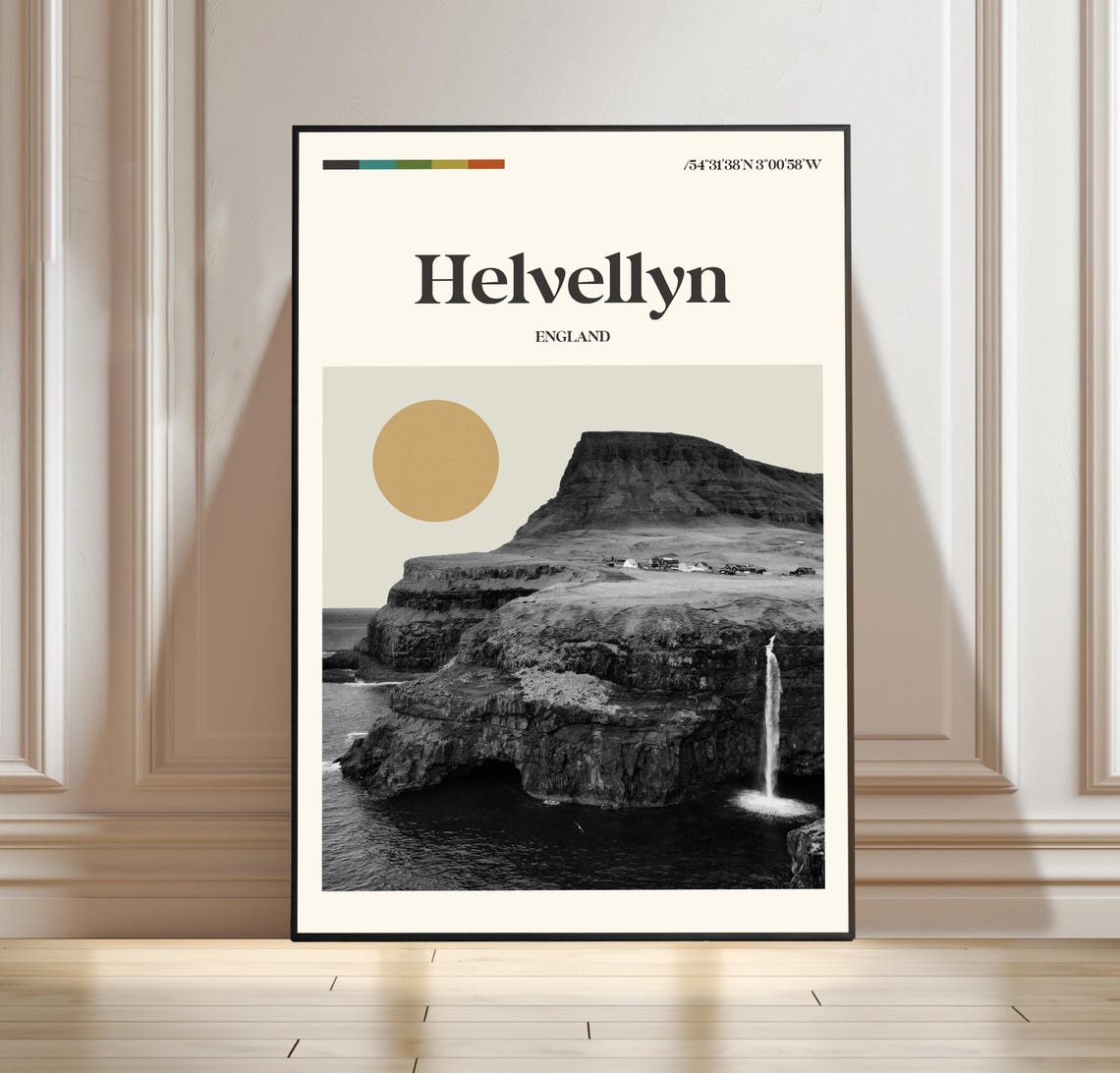 Helvellyn England Coastal Cliff Waterfall Retro Travel Poster