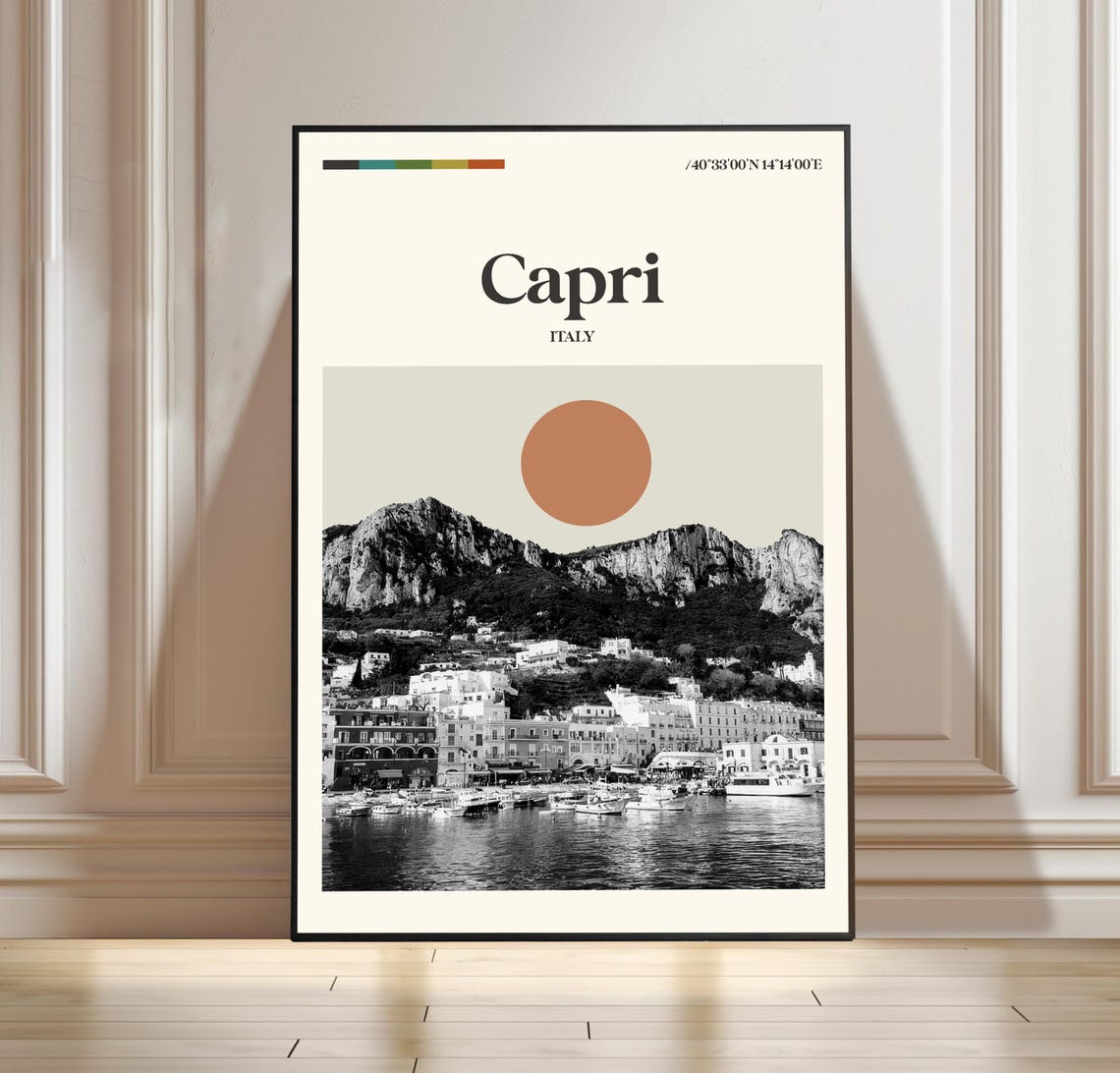 Capri Italy Island Harbor Dramatic Cliffs Minimalist Travel Poster
