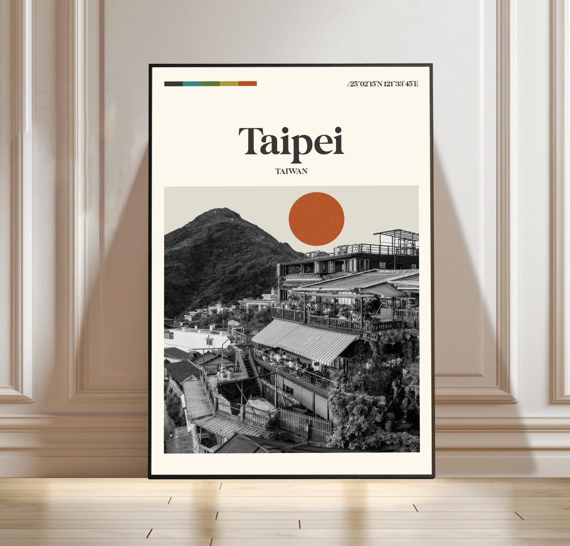 Taipei Taiwan Hillside Teahouse Village Boho Travel Poster Decor