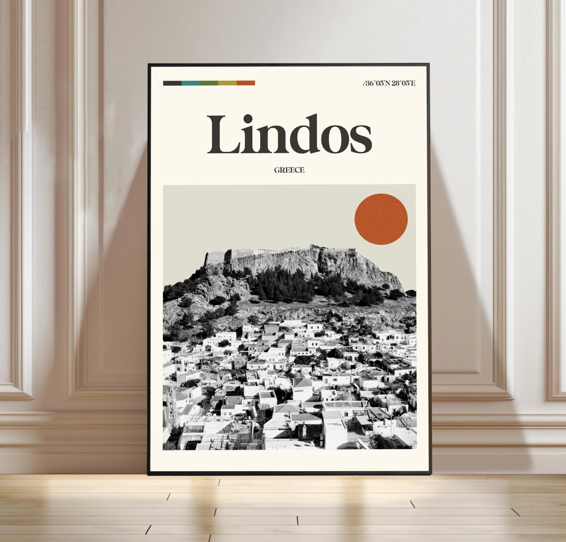 Lindos Greece Acropolis Minimalist Travel Poster with Terracotta Sun
