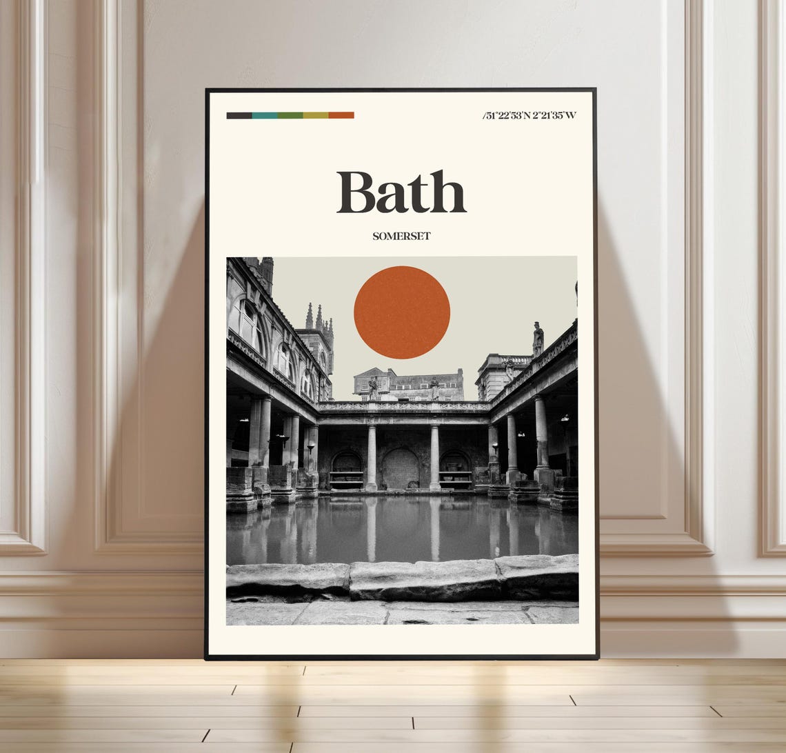 Bath Somerset England Roman Baths Red Sun Vintage Travel Poster