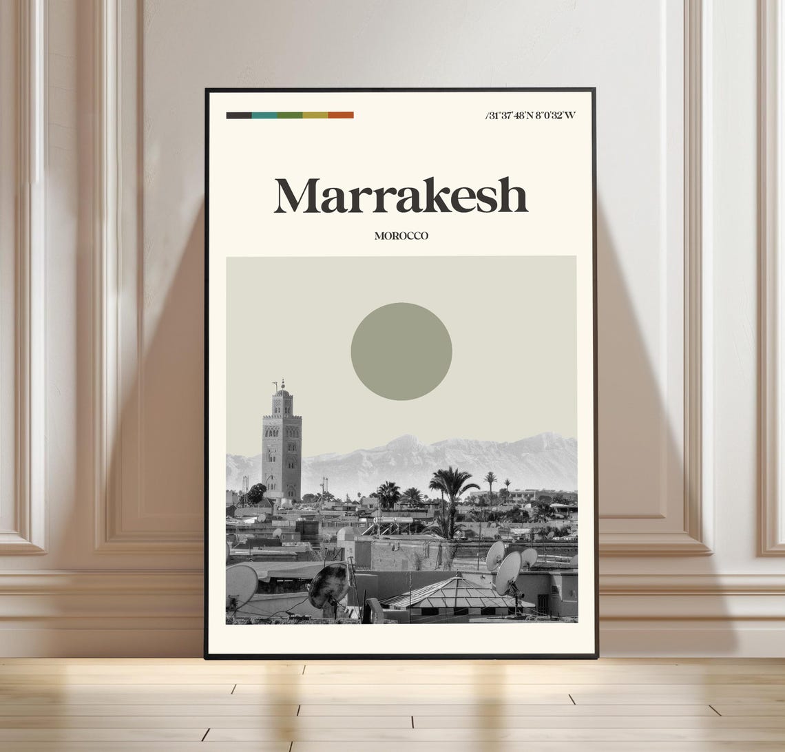 Marrakesh Morocco Mid Century Old Town Minaret Travel Poster