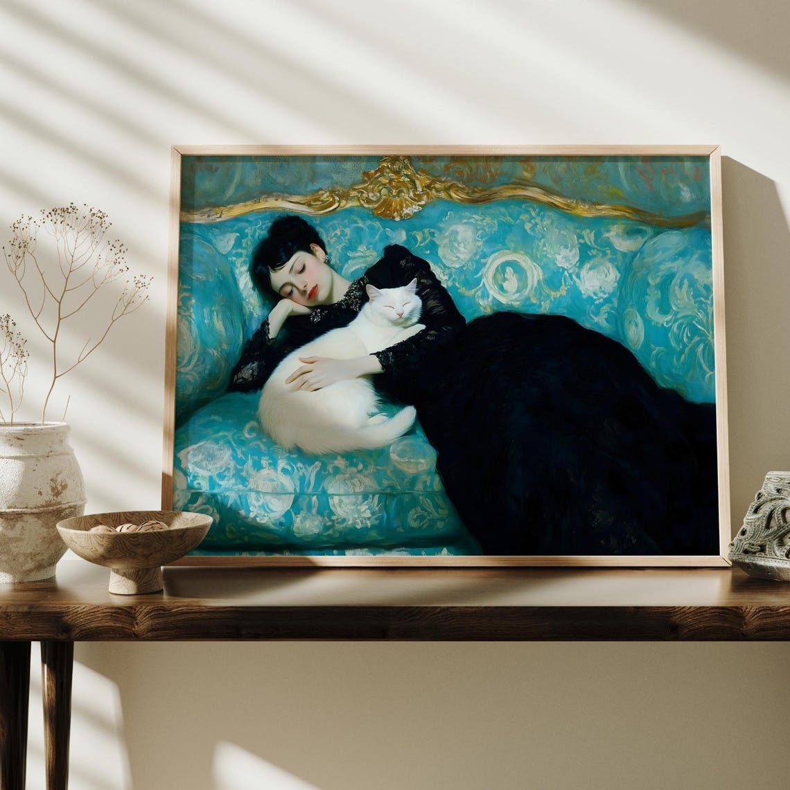 Woman In Black Lace Dress With White Cat On Teal Sofa Gothic Art Print - Image 4