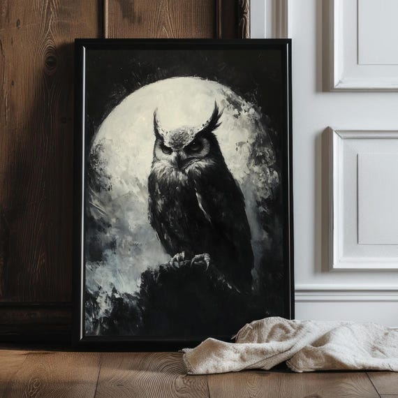 Full Moon Owl Art Print Dark Gothic Fantasy Decor Moody Victorian Wall Art Dark Decor Aesthetic Dark Cottagecore Gothic Prints