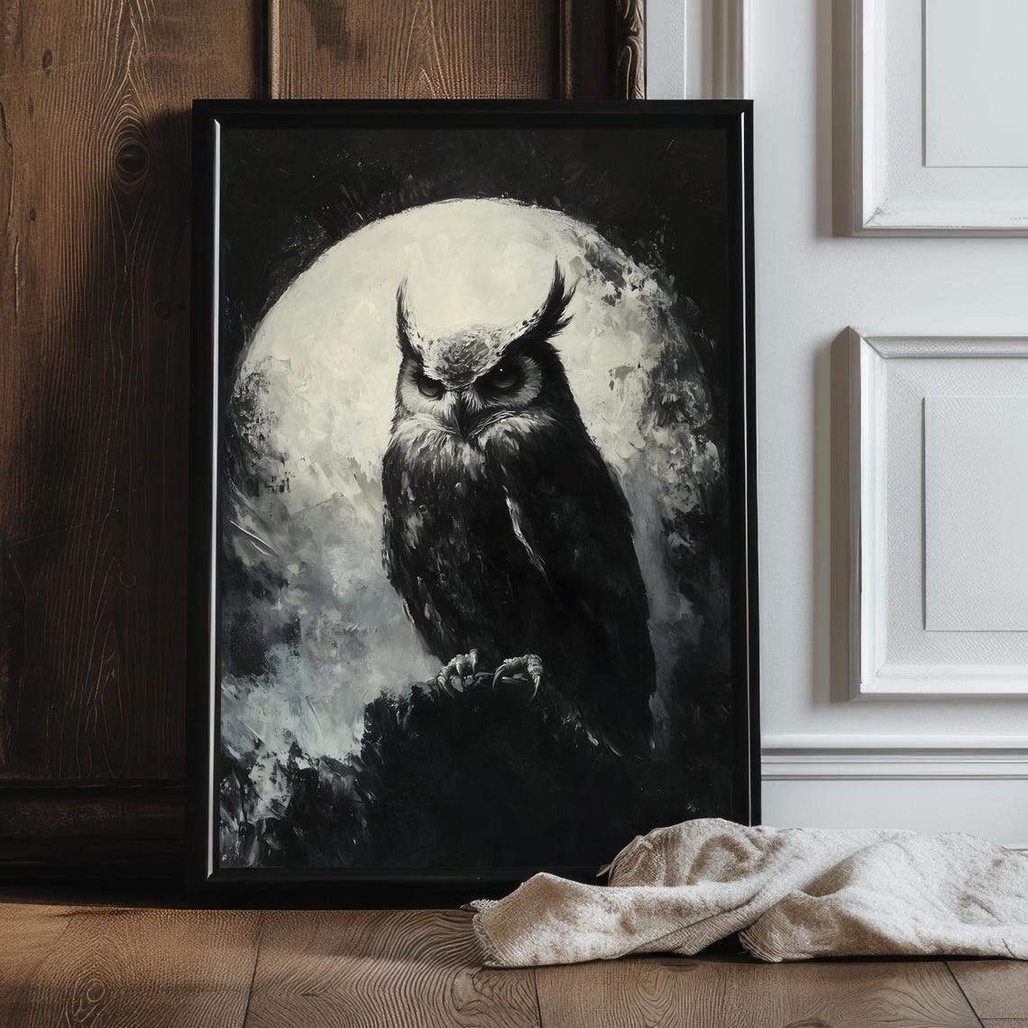 Great Horned Owl Under Full Moon Moody Black White Night Poster