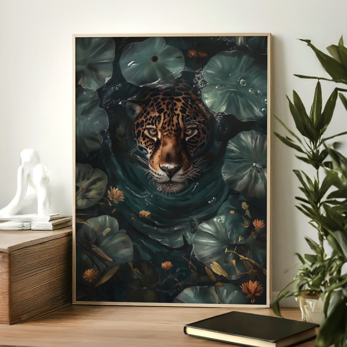 Spotted Big Cat Swimming Dark Lily Pond Flowers Jungle Water Art Poster - Image 2