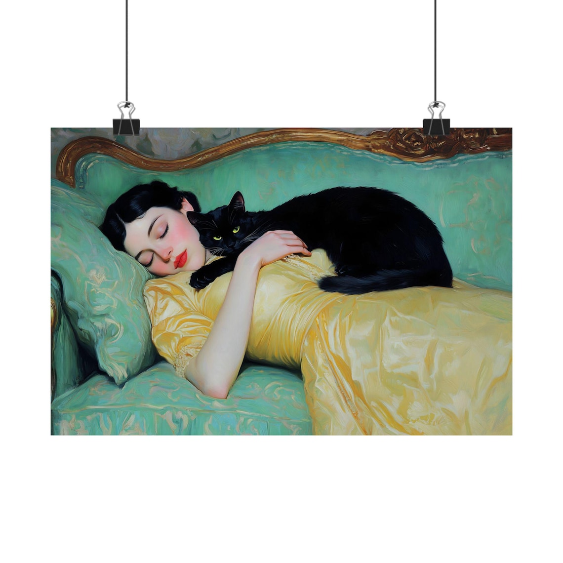Cat and Woman Sleeping on a Couch, Victorian Print - Image 2