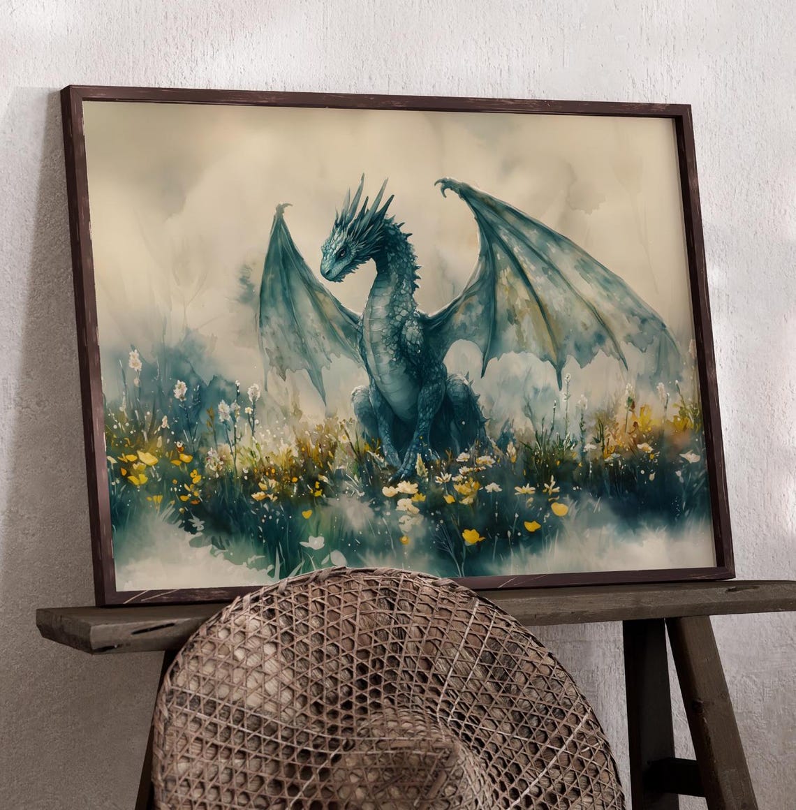 Blue Dragon Resting Among Wildflowers Watercolor Fantasy Meadow Poster - Image 2