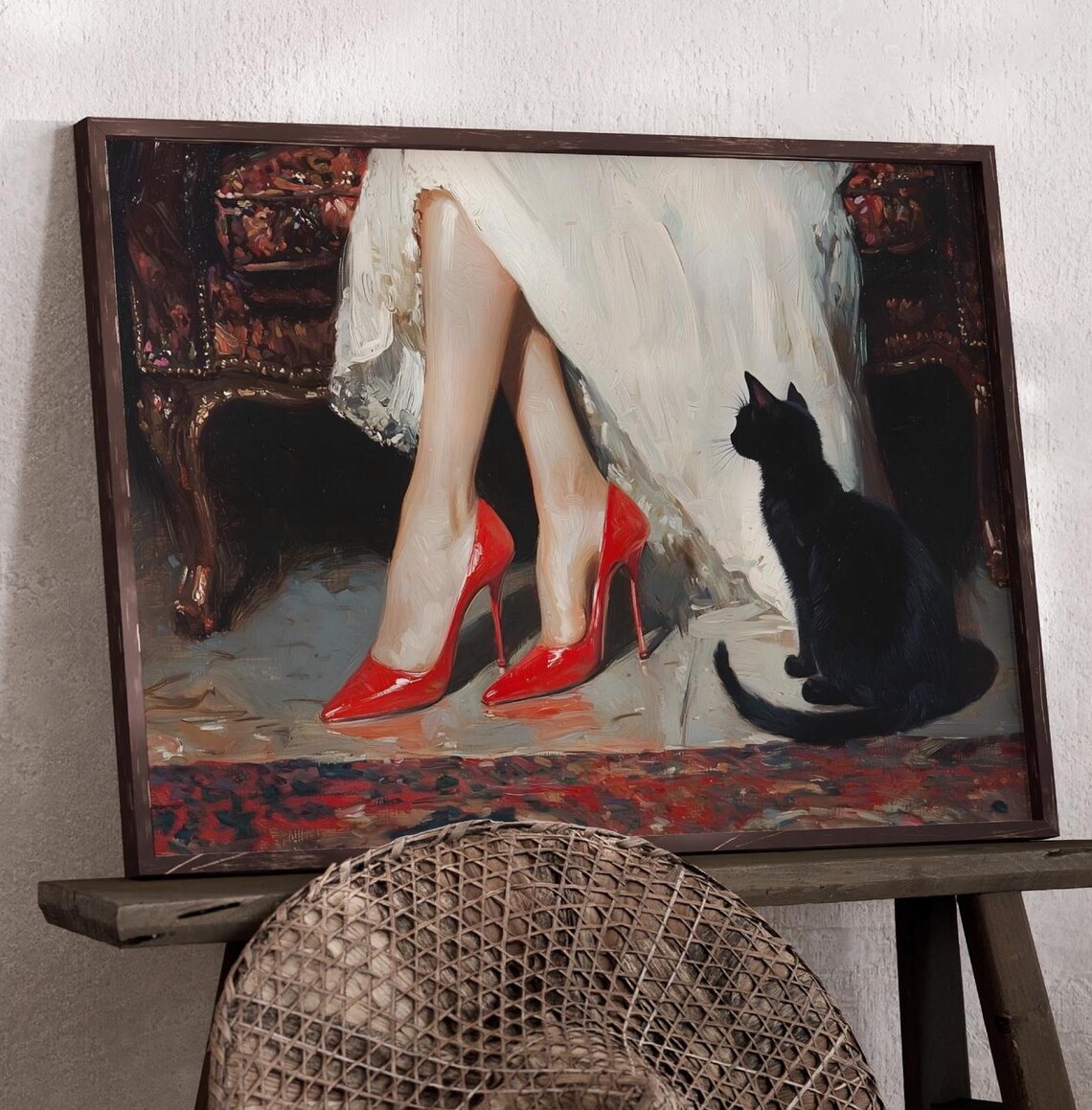 Victorian Woman Red Heels Black Cat Oil Painting Dark Academia Art Print - Image 3