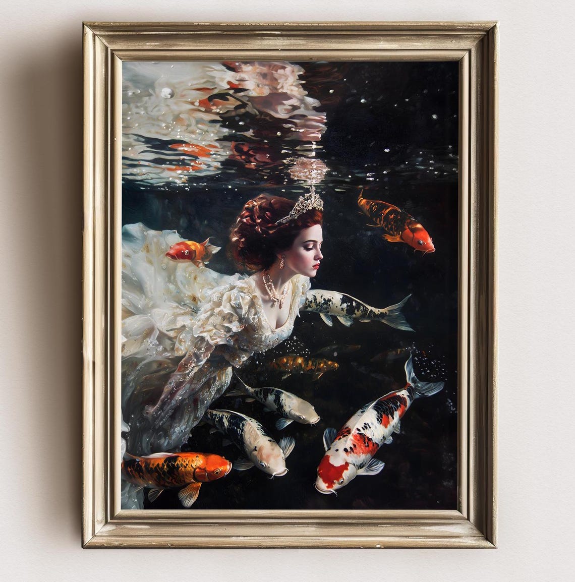Ophelia Swimming Koi Fish Dark Underwater Gothic Romance Art Poster