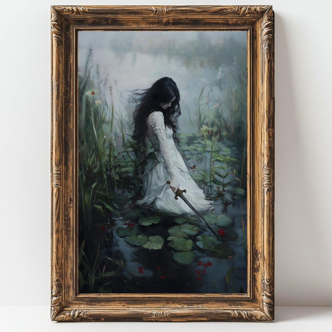 Woman In White Dress With Sword In Misty Lily Pond Gothic Art Poster - Image 2
