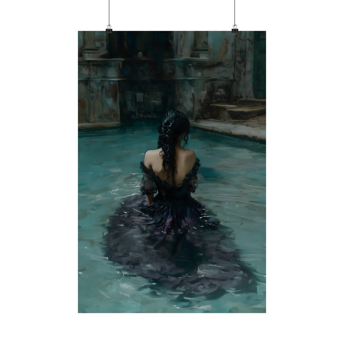 Woman In Black Gown Standing In Teal Pool Dark Romantic Water Art Poster - Image 2
